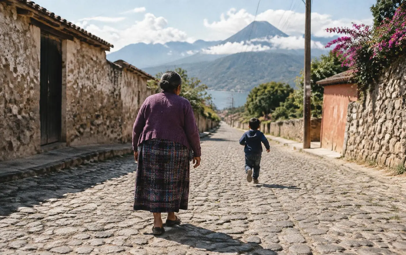 Maria walking down a cobblestone street as her grandson runs ahead