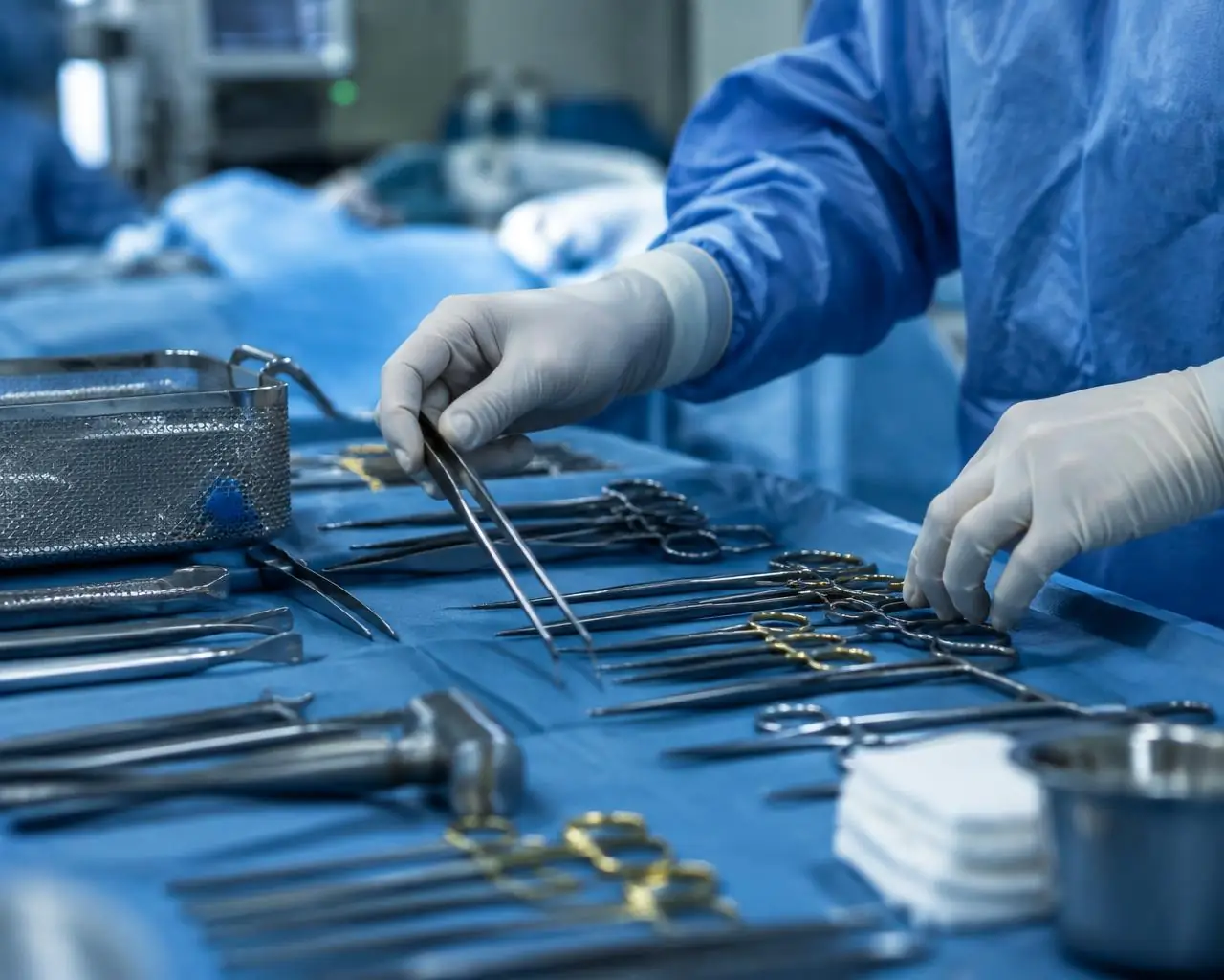 Instruments arranged on a sterile tray
