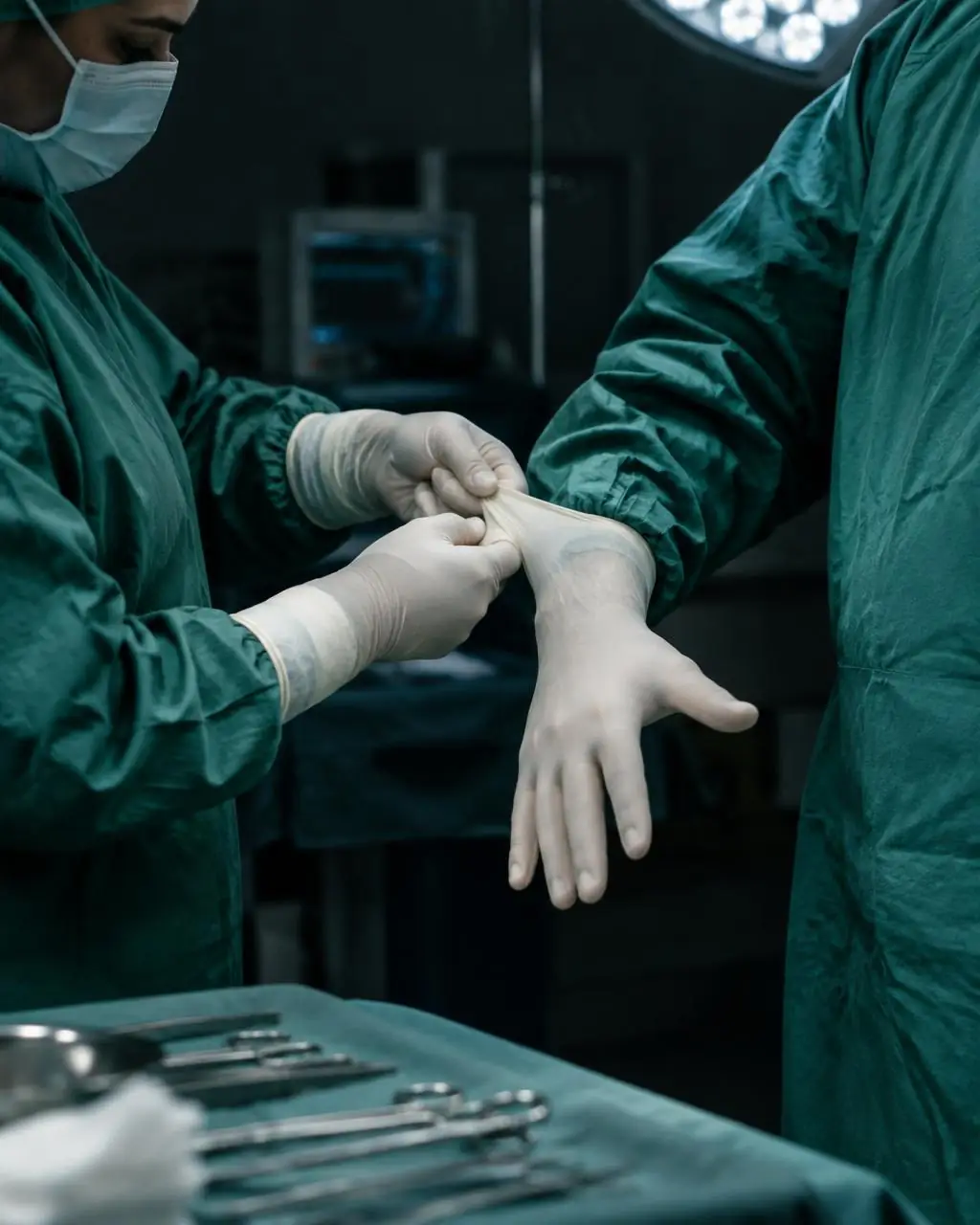 A surgeon being gloved before an operation
