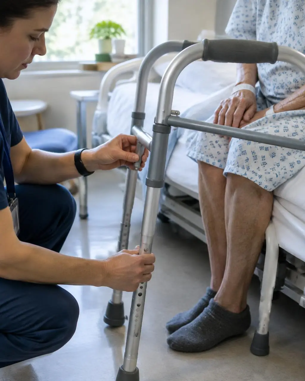 A therapist adjusting a walker