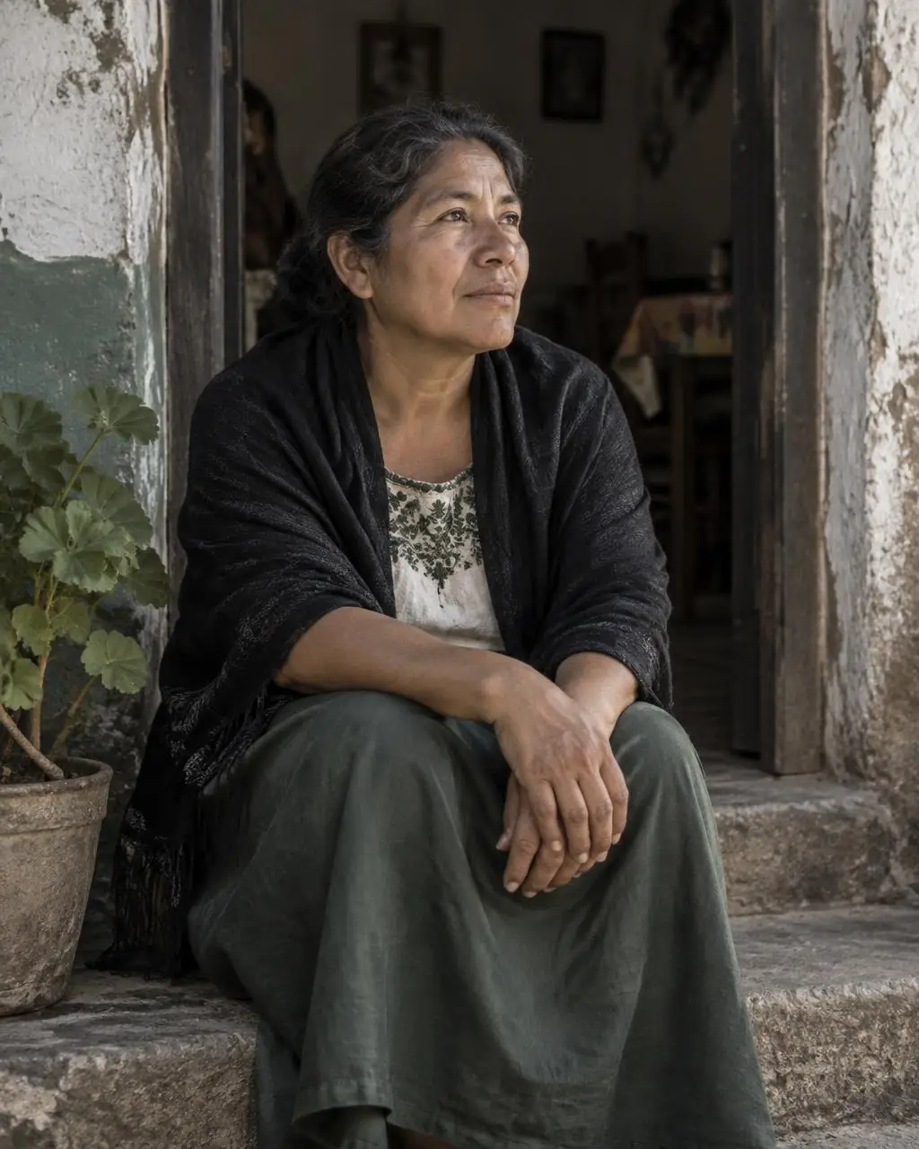 Maria seated at her doorway