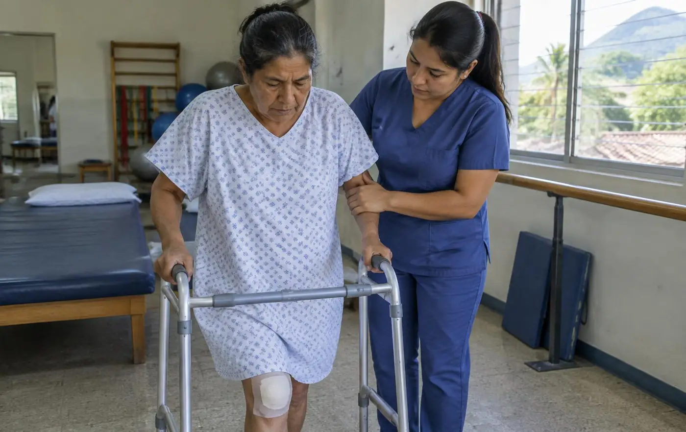 A physical therapist supporting a woman as she stands with a walker